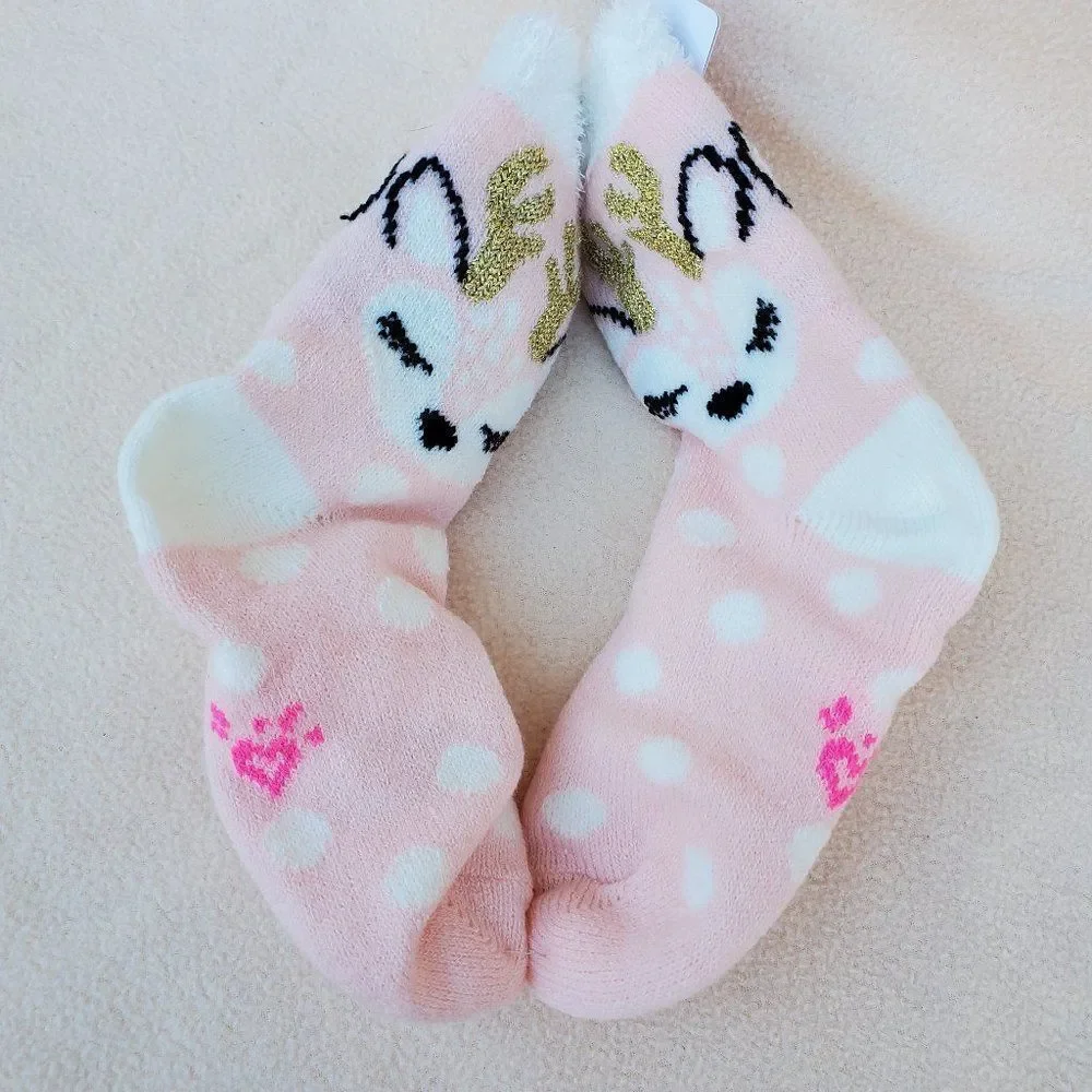 Justice pink and white reindeer slipper socks